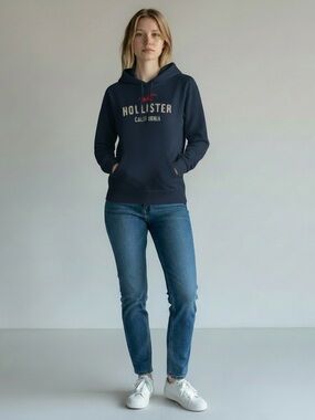 Hollister Classic Y2K Hoodie Iconic Appliqué Logo Drawstring Hood Navy Blue L